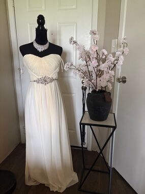 Minuet Petite Ivory Strapless Chiffon Prom Dress with Beaded Waist